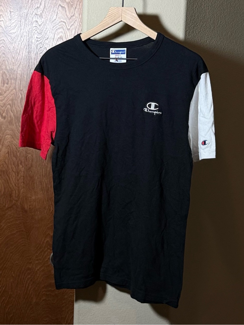Vintage Champion Colorblock T-Shirt Black Red White Small Y2K